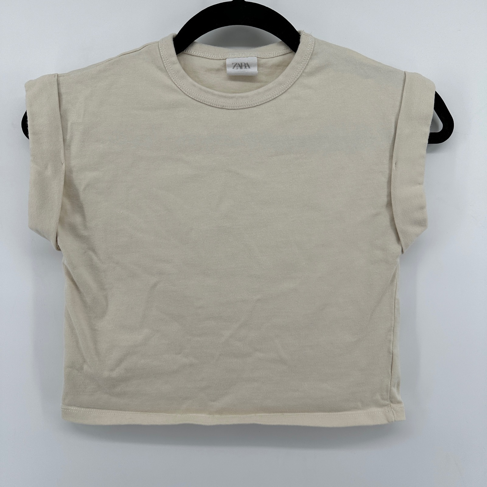 Zara Kids Girl Cuffed Rolled Sleeve Boxy Crop T-Shirt Cream Neutral Size 11-12